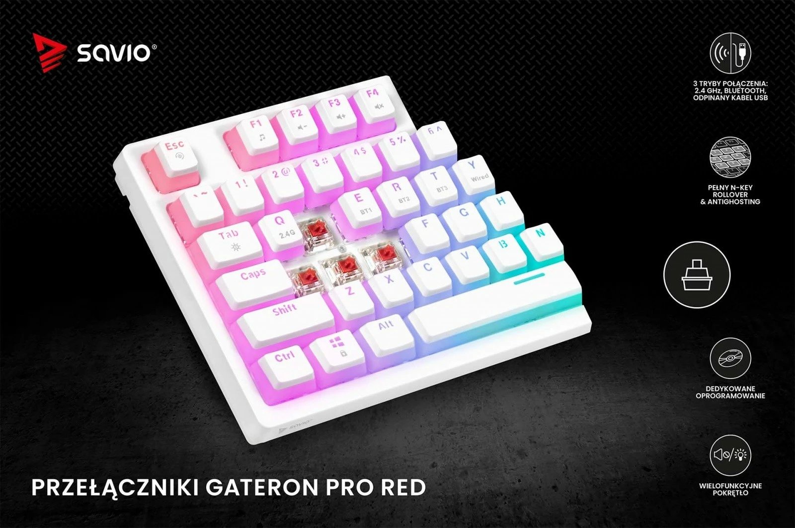 Tastierë mekanike wireless Savio PHENIX WHITE Gateron Red Pro, 82 tasta, RGB, e bardhë Tastierë mekanike wireless Savio PHENIX WHITE Gateron Red Pro, 82 tasta, RGB, e bardhë