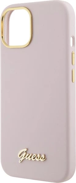 Mbështjellës Guess Silicone Script Metal Logo & Frame për iPhone 15, Rozë