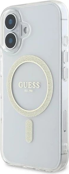 Mbështjellës Guess IML Glitter Circle MagSafe për iPhone 16, Transparent