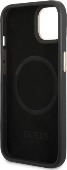 Mbështjellës Guess Peony Logo Plate për iPhone 13 6.1", MagSafe, i zi