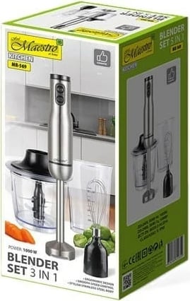 Blender dore Maestro MR-569, 1000W, 0.8L, argjendtë, set 3-në-1