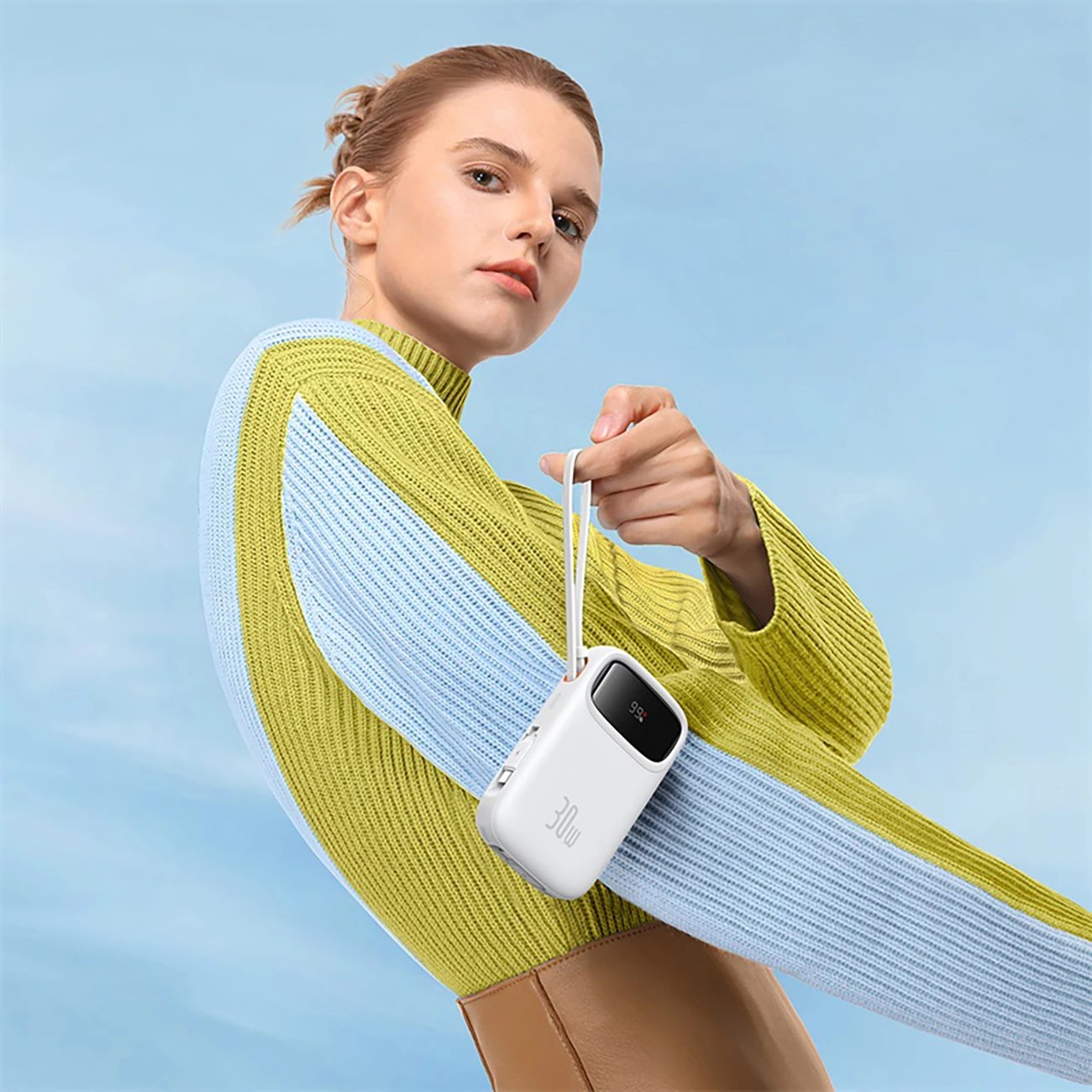 Power bank Baseus QPow 2, 10000mAh, 30W, me kabllo USB-C të integruar, Bardhë