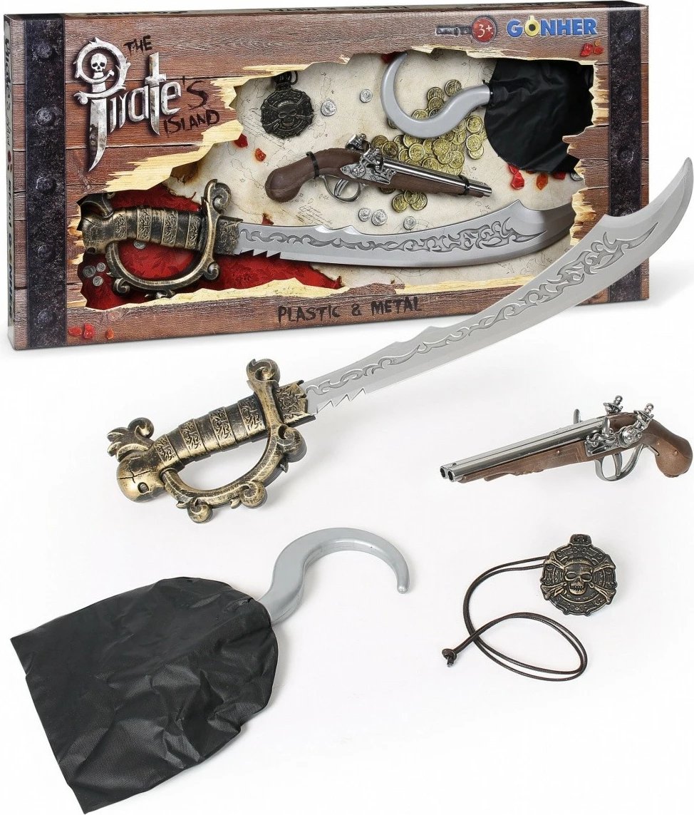 Set piratësh Pulio Gonher me maçetë, pistoletë, grep dhe varëse, për fëmijë, Ngjyrë e zezë/ari/gri/argjend