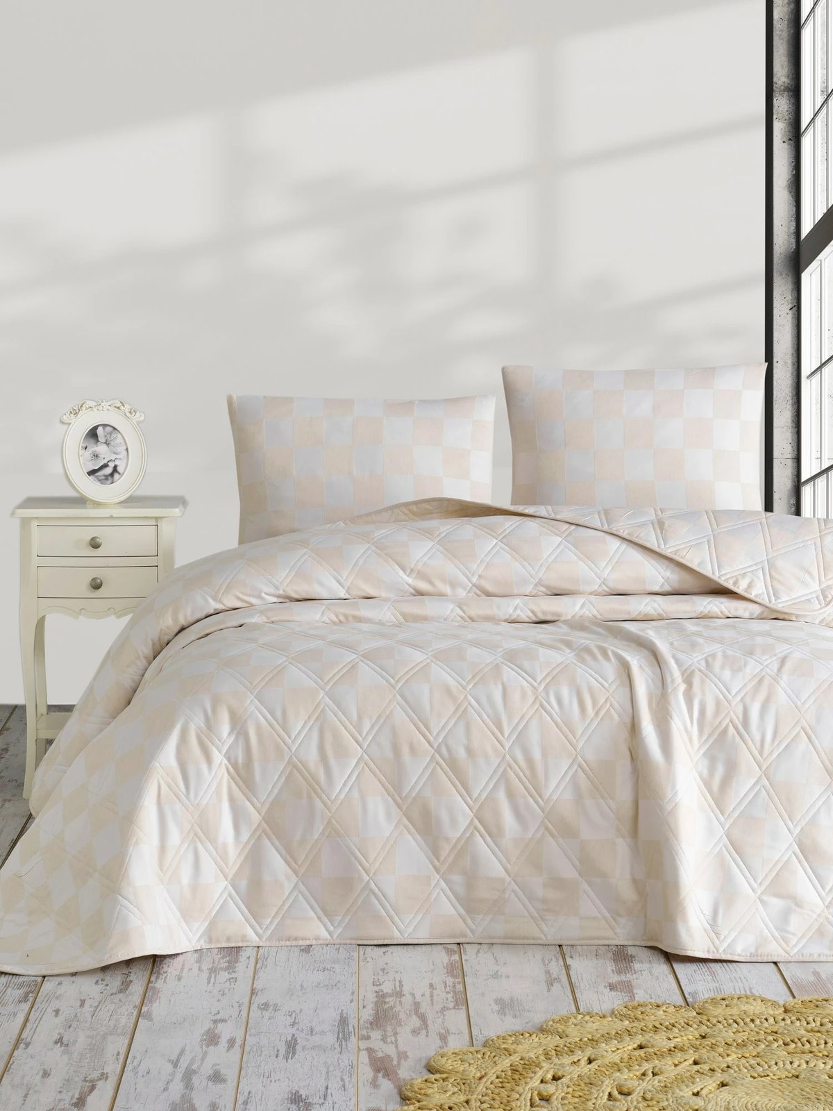 Set mbulesë krevati king, kareli saten, ngjyrë bezhë, L'essentiel