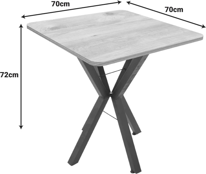 Tavolinë katrore Arenya, ngjyrë natyrale, këmbë metalike të zeza, 70x70x72cm
