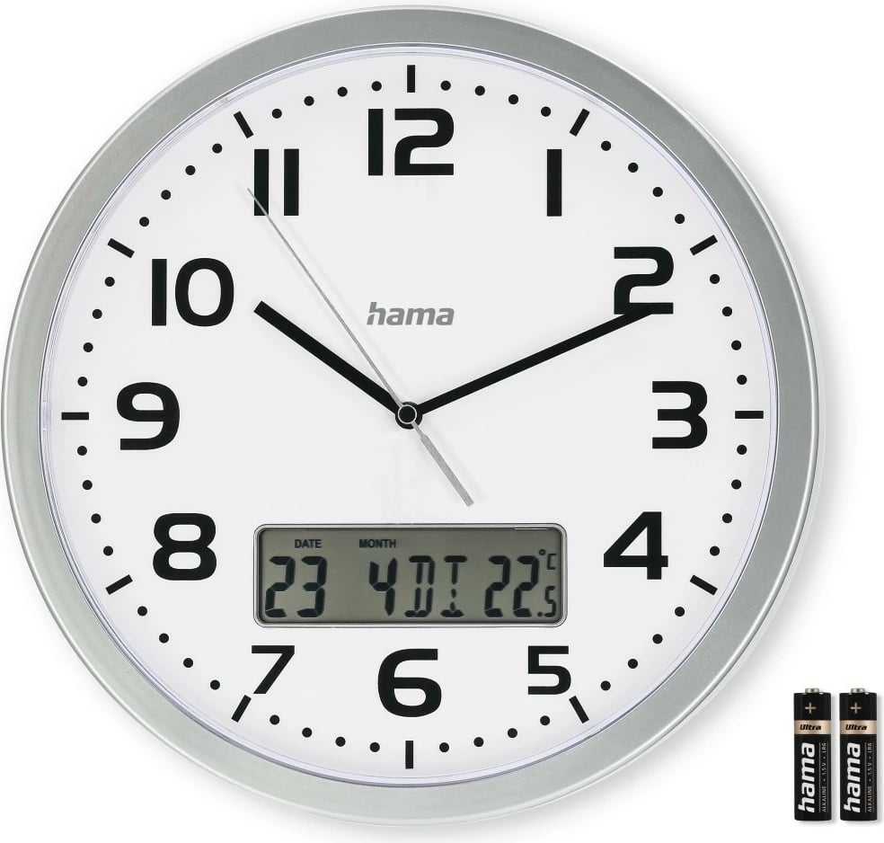 Orë muri Hama Moorea, 30cm, elektronik, argjend, e bardhë