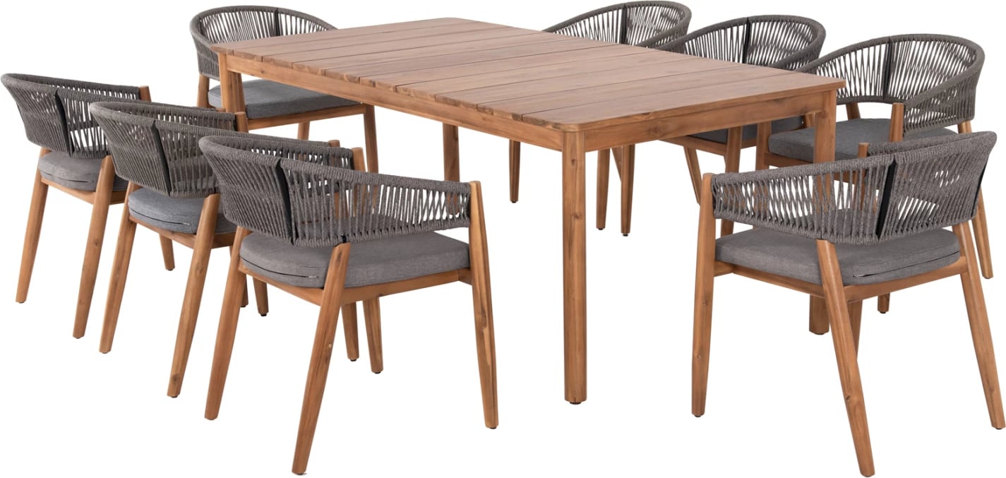 Tavolinë me karrige për terasë 9 copë NAVANT FH21066.01, dru akacie, litar gri