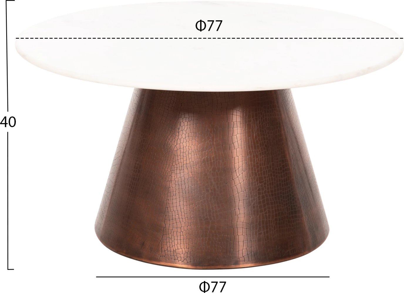 Tavolinë kafeje FODEN, sipërfaqe mermeri të bardhë, ngjyrë bakri antik, Φ77x40H cm