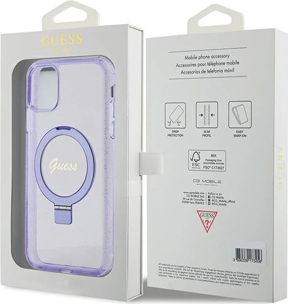 Mbështjellës Guess Ring Stand Script Glitter MagSafe për iPhone 11/XR, vjollcë