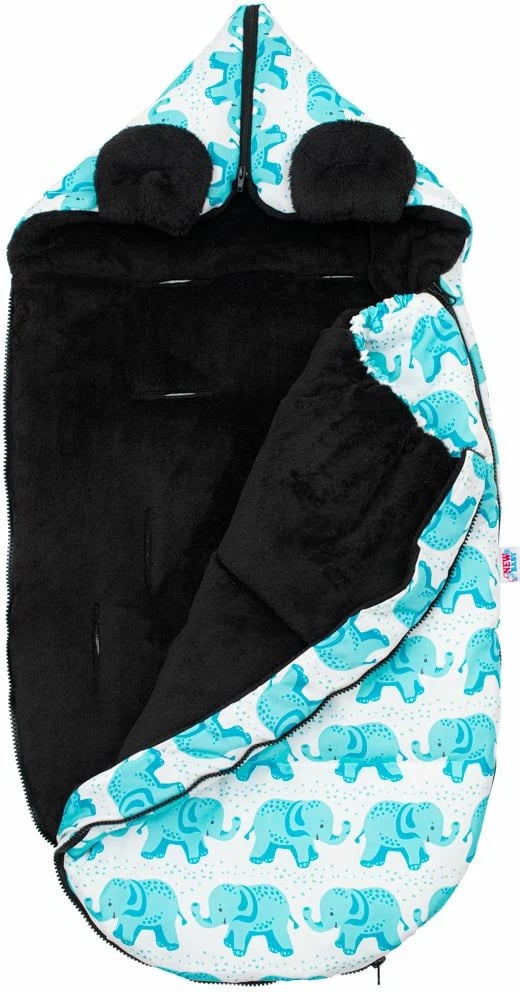 Thes gjumi për bebe, New Baby, Elephants Luxury, fleece, 112x54 cm, me vrima për rripa 5-pikësh, mbyllje me zinxhir, turkeze