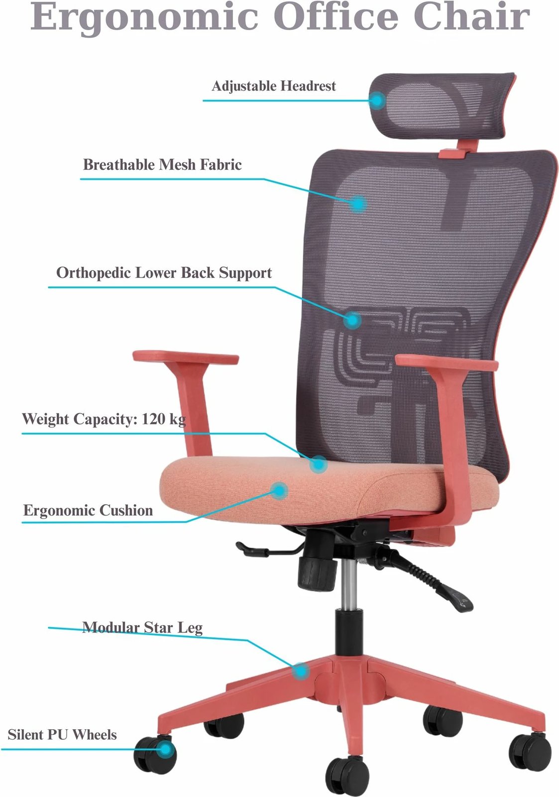 Karrige zyre ergonomike, ngjyrë salmon, Skye Decor, 126 cm