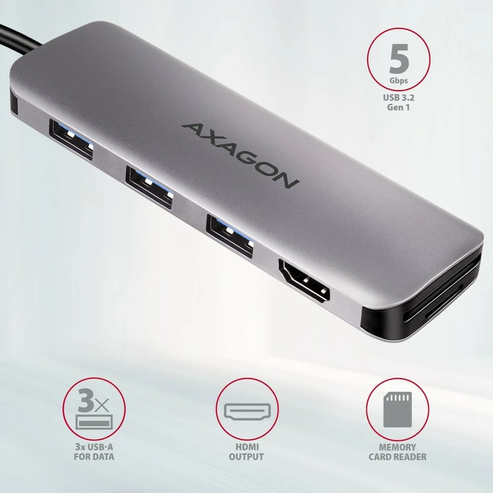 Kasë multiport AXAGON HMC-HCR3A, 3x USB-A, HDMI, SD/microSD, USB-C 3.2 Gen1, 20cm, Gri