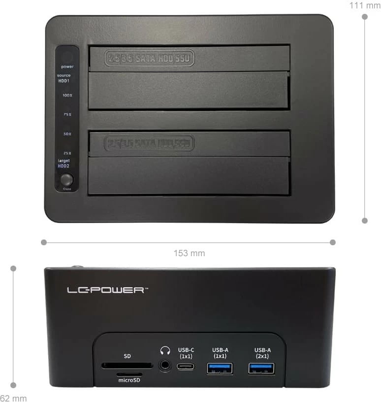 Docking station LC-Power LC-DOCK-C-MULTI-HUB, 2x SATA 2.5/3.5", USB 3.2 Gen 2, HDMI, SD/microSD, e zezë
