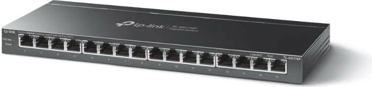 Switch i pamenaxhuar, TP-Link TL-SG116P, 16x Gigabit RJ45 me PoE+, buxhet PoE 120W, metal, desktop/rack