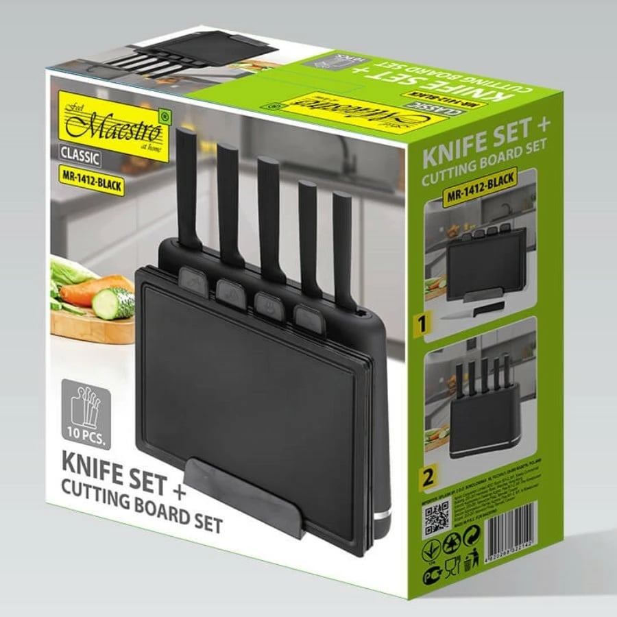 Set thikash dhe dërrasa prerëse me mbajtëse magnetike, Feel-Maestro MR-1412-BLACK, 10 copë, bllok magnetik + bazë për dërrasa, i larë në enëlarëse, e zezë