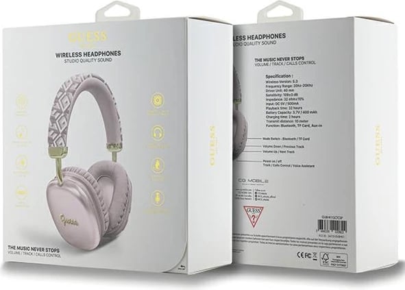 Kufje Bluetooth Guess GCube Metallic Script Logo, On-ear, 32 orë, Rozë Kufje Bluetooth Guess GCube Metallic Script Logo, On-ear, 32 orë, Rozë