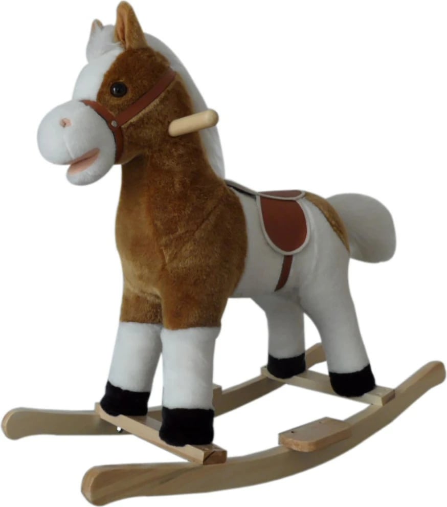 Kalë lëkundës interaktiv, PlayTo, me melodi dhe lëvizje goje, shina druri, 3xAA, nga 3+ vjeç, kapacitet 55 kg, bardh-kafe