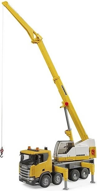 Kamion lodër BRUDER Scania Super 560R me vinç Liebherr, dritë dhe zë, bardhë/verdhe, 1:16