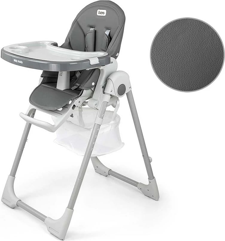 karrige e lartë për fëmijë, Milly Mally Bueno, 7 nivele lartësie, shpinore 5 pozicione, tabaka e heqshme, deri 15 kg, gri