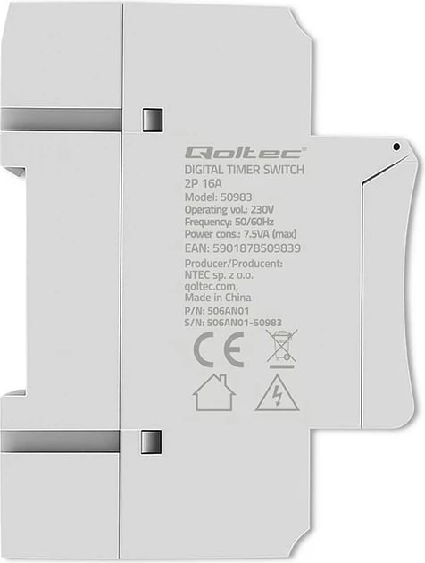 Programator kohor elektronik për shinë DIN, Qoltec 50983, 7 ditësh, 16 programe, bateri e integruar, 16A/3600W, i bardhë