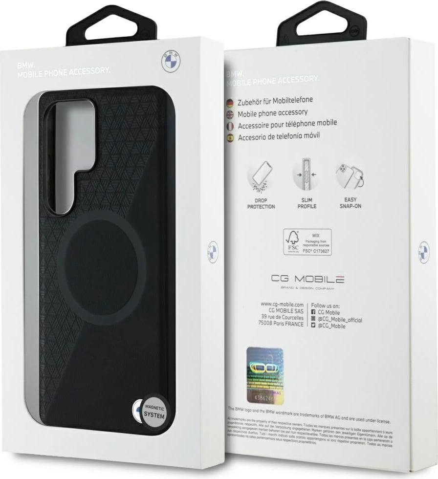 Mbështjellës BMW Leather Half Textured MagSafe për Samsung Galaxy S25 Ultra, i zi