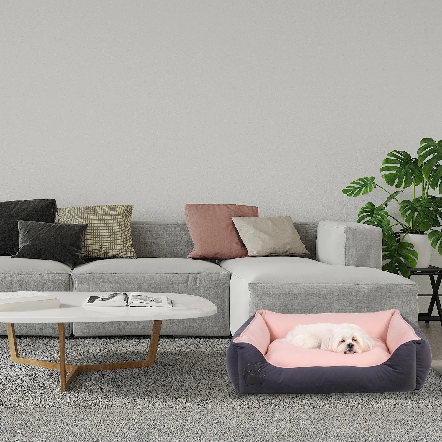 Shtrat për qen e mace Lucy, ngjyrë gri dhe rozë, madhësia L