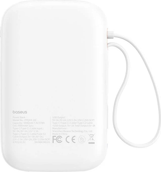 Powerbank Baseus QPow 2, 10000mAh, 30W, e bardhë