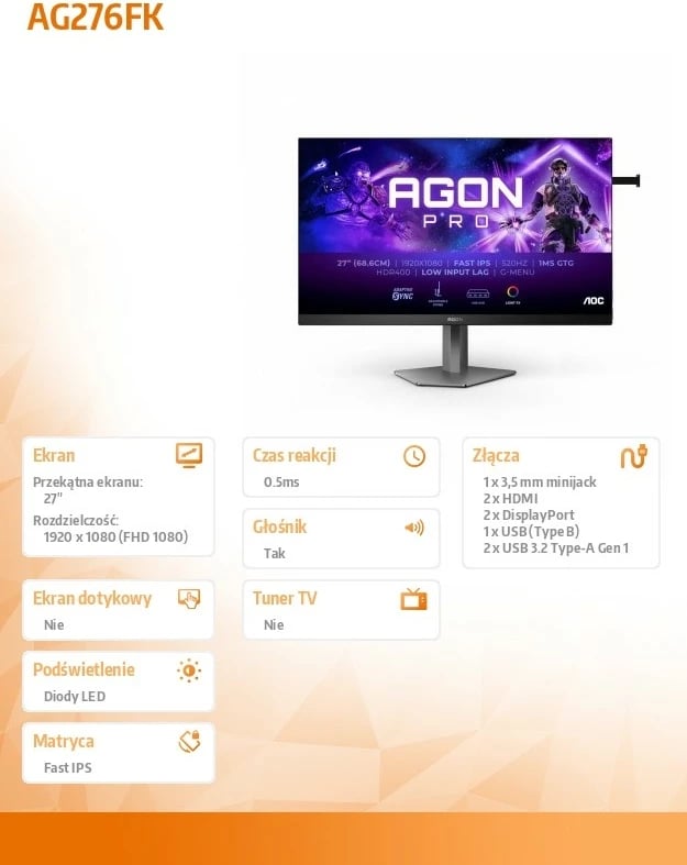Monitor gaming AOC AG276FK, 27", Fast IPS, 520Hz, 1ms, FHD, i zi/gri Monitor gaming AOC AG276FK, 27", Fast IPS, 520Hz, 1ms, FHD, i zi/gri
