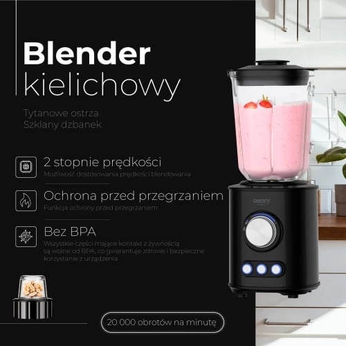 Blender tavoline, Camry CR 4088, enë qelqi 1.5L, tehe çelik inox të veshura me titan (6 skaje), 800W max 1800W, 2 shpejtësi 3 programe, me grirës qelqi 300ml, piano black Blender tavoline, Camry CR 4088, enë qelqi 1.5L, tehe çelik inox të veshura me titan (6 skaje), 800W max 1800W, 2 shpejtësi 3 programe, me grirës qelqi 300ml, piano black