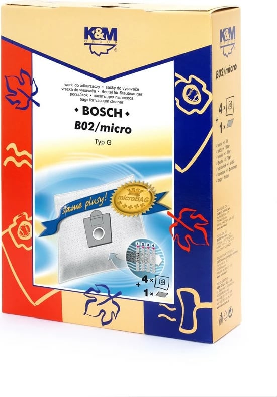 Qese për fshesë me korent K&M B02/micro, 4 copë + 1 filtër, e bardhë