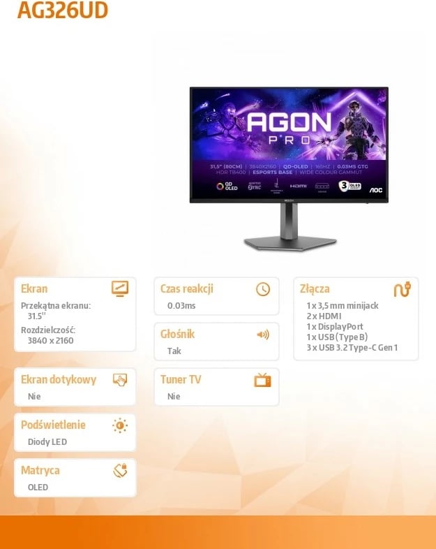 Monitor AOC AGON PRO AG326UD, 31.5", 4K QD-OLED, 165Hz, HDMI 2.1, E zezë/Gri Monitor AOC AGON PRO AG326UD, 31.5", 4K QD-OLED, 165Hz, HDMI 2.1, E zezë/Gri