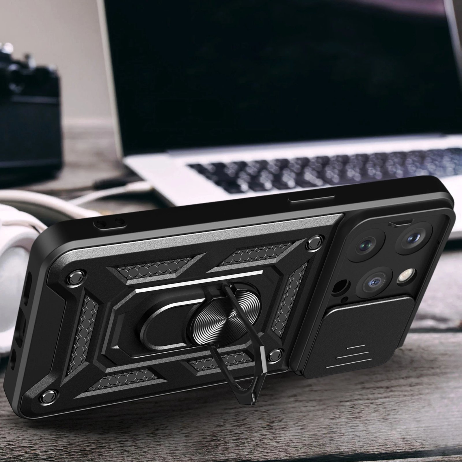 Mbështjellës Hurtel Armor Camshield me stand dhe mbulesë kamere për iPhone 15 Pro Max, i zi