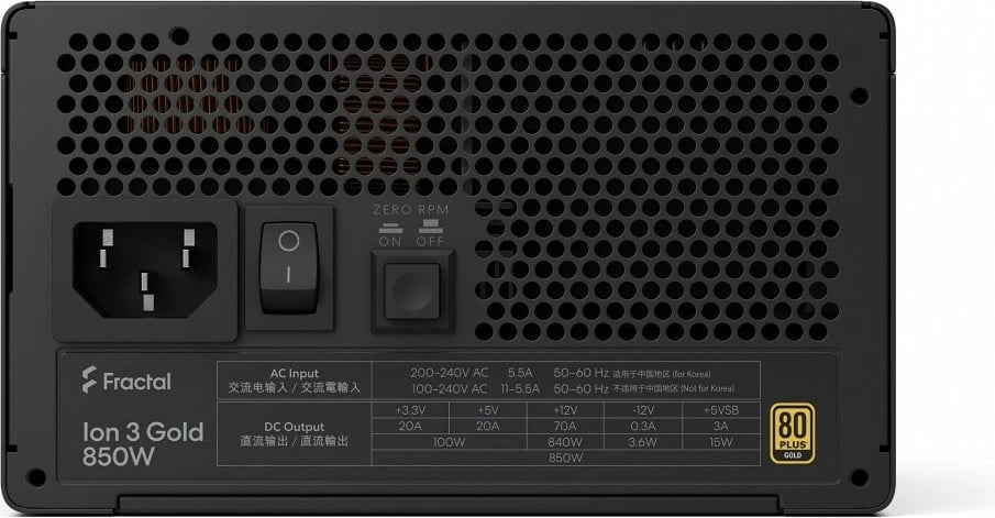 Furnizues energjie PC, Fractal Design Ion 3 Gold, 850W 80+ Gold, ATX 3.1, plotësisht modular, 12VHPWR (12V2×6), e zezë