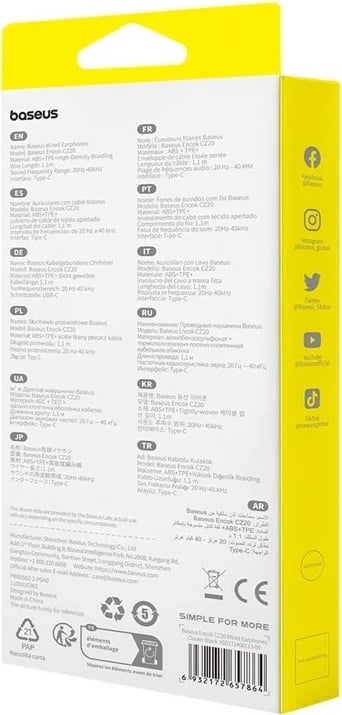 Kufje Baseus Encok CZ20, me kabllo, për thirrje/muzikë, USB Type-C, Zezë