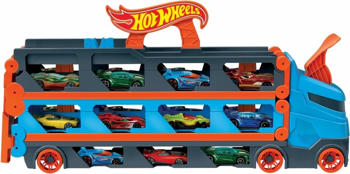 Set lodrash Hot Wheels Racing Transporter 2-in-1 me 3 vetura, Multikolor
