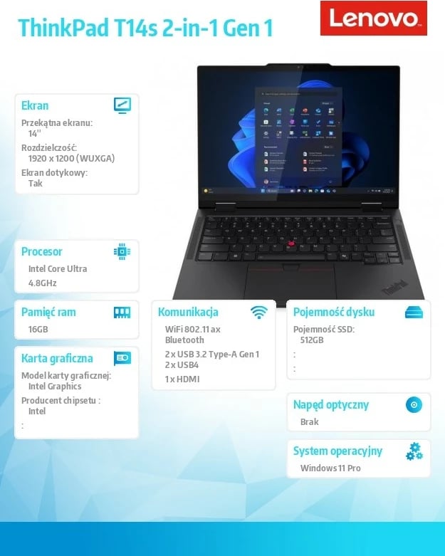 Ultrabook Lenovo ThinkPad T14s 2-in-1 Gen 1, 14", Intel Core Ultra 5 225U, 16 GB RAM, 512 GB SSD, Windows 11 Pro, E zezë Ultrabook Lenovo ThinkPad T14s 2-in-1 Gen 1, 14", Intel Core Ultra 5 225U, 16 GB RAM, 512 GB SSD, Windows 11 Pro, E zezë
