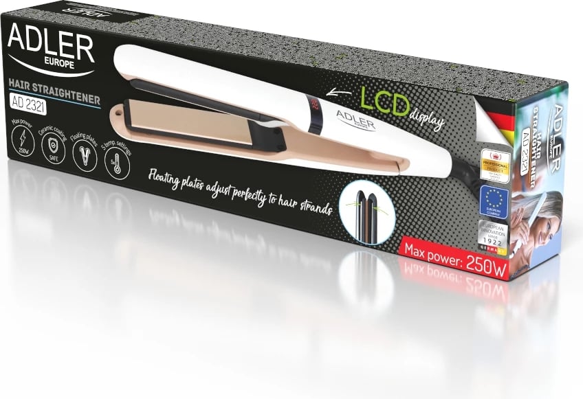 drejtues flokësh, Adler, AD 2321, pllaka qeramike, 5 temperatura 140-220°C, ekran LCD, pllaka 10x2.5cm, kabllo rrotulluese 360°, e bardhë perle