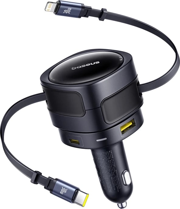 Karikues veture Baseus Enjoyment Max, 90W, 2 kabllo të integruara USB-C + Lightning, 2 porta USB-A + USB-C, zi