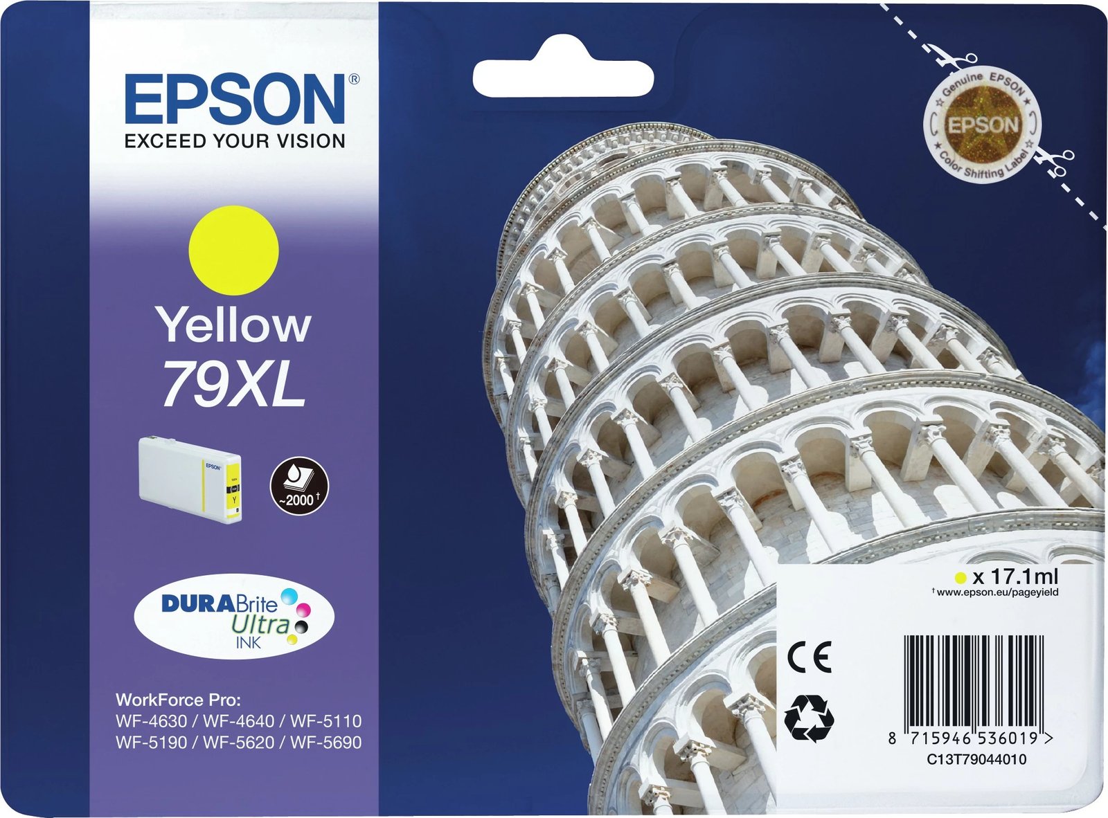 Toner Epson Tower of Pisa Singlepack Yellow 79XL DURABrite Ultra Ink, High XL Yield, Verdhë