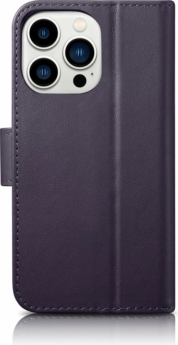 Mbështjellës iCarer Wallet Case 2in1 për iPhone 14 Pro Max, lëkurë natyrale, Anti-RFID, Vjollcë e errët