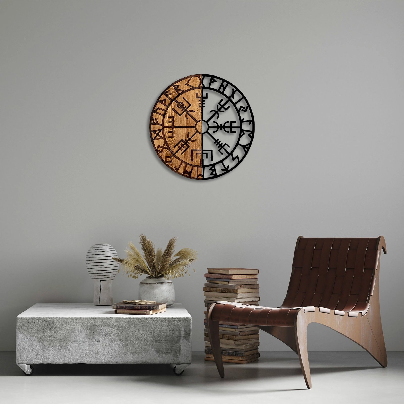Aksesor dekorativ prej druri për mur, Wallity Vegvisir - 331, ngjyrë e zezë dhe arre, 56cm