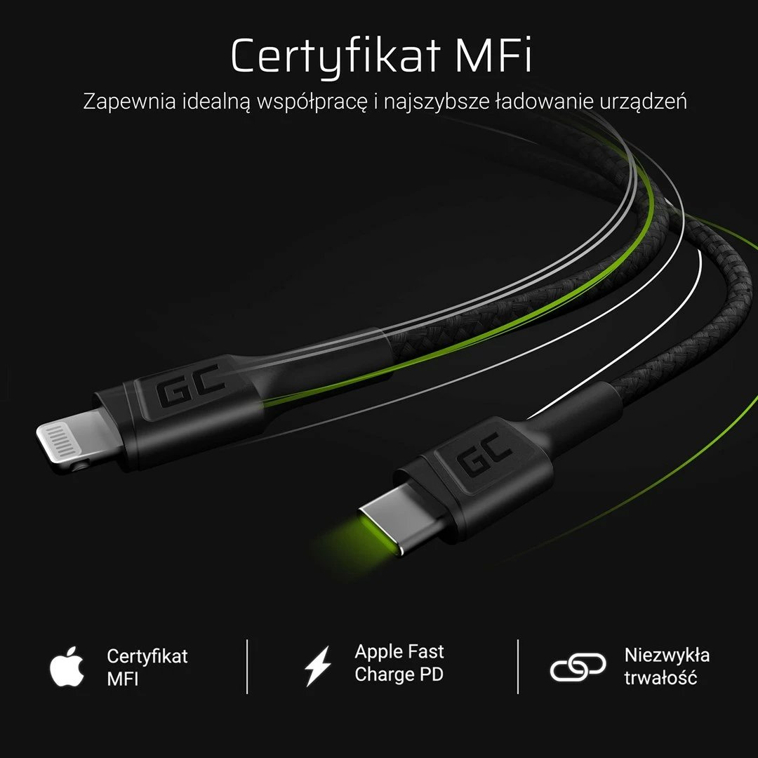 Kabllo Green Cell KABGC07, 1 m, USB-C në Lightning, e zezë
