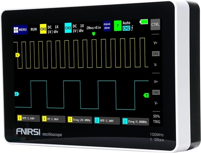 Oskiloskop tablet portabël, FNIRSI 1013D, 2 kanale 100 MHz 1 GSa/s, ekran 7\" me prekje, memorie 1 GB, bateri 6000 mAh