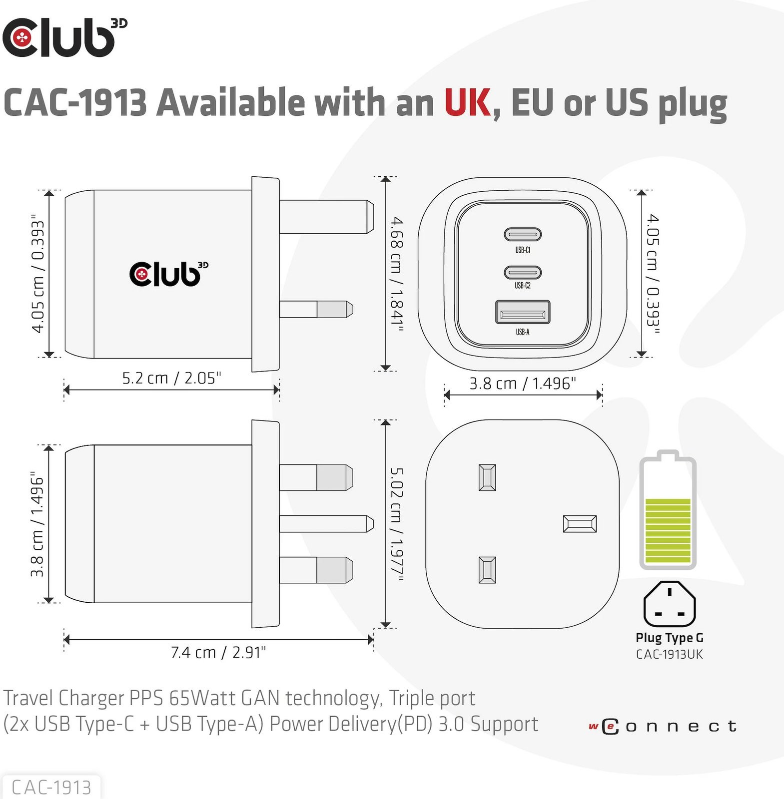 Karikues Club3D CAC-1913EU, 2xUSB Type-C, 1xUSB Type-A, PD 65W, GaN, i zi