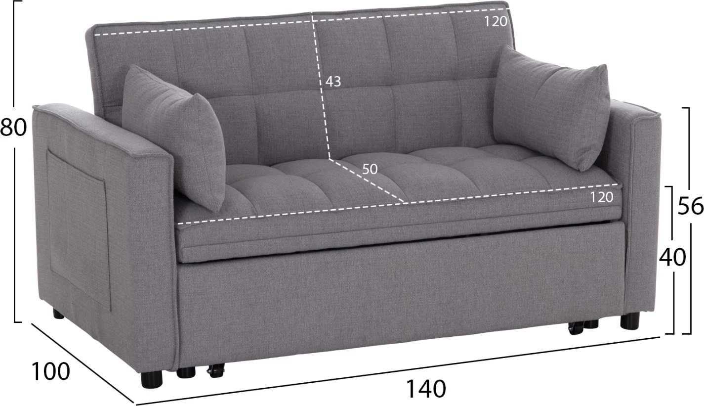 Divan i shndërrueshëm në shtrat, dy vende, BORG FH3289.01, material gri, 142x94x78cm