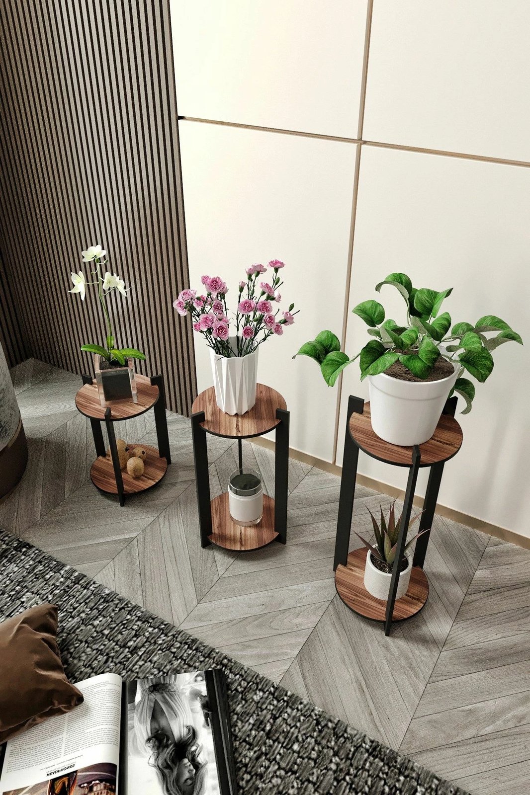 Stendë druri për lule, ngjyrë arre, Hanah Home, set me 3 copë Stendë druri për lule, ngjyrë arre, Hanah Home, set me 3 copë