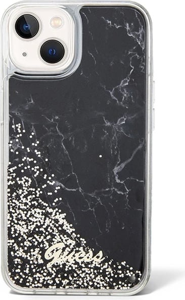 Mbështjellës Guess Liquid Glitter Marble për iPhone 14, i zi