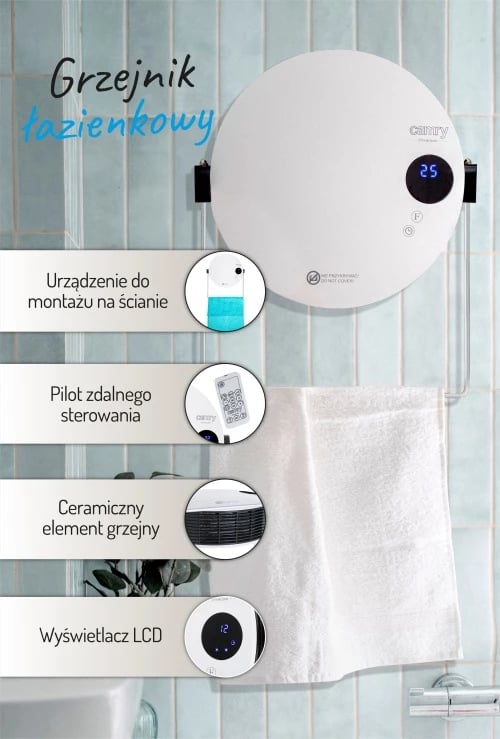 Ngrohës banjoje muror, Camry, CR 7747, 1400/2000W, program javor, LCD, telekomandë, IPX2, i bardhë