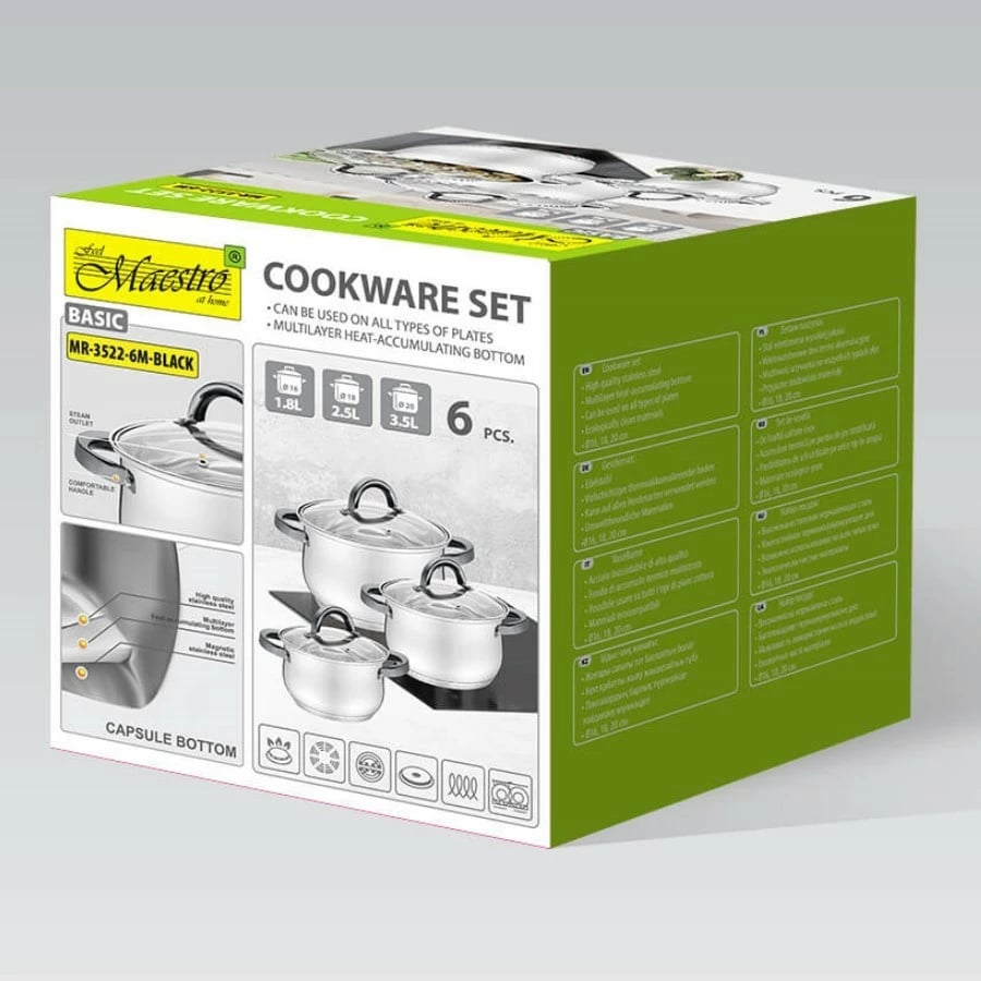 set tenxheresh, Feel-Maestro, MR-3522-6M-BLACK, inox me kapakë qelqi, Ø16/18/20 cm, për të gjitha pllakat (përfshirë induksion), ngjyrë argjend me doreza të zeza, set 6 copë