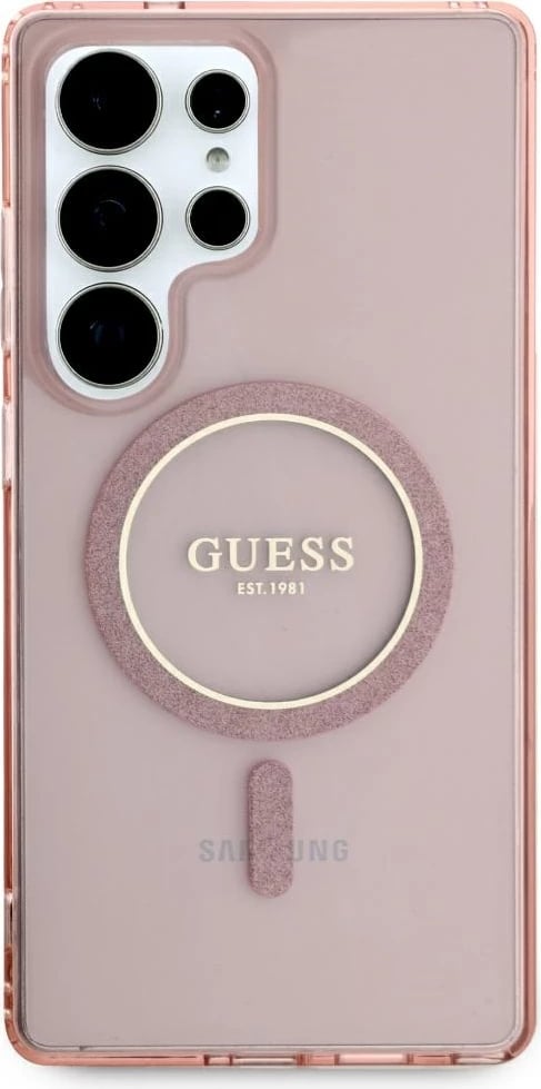 Mbështjellës, Guess, Glitter Circle Classic Logo MagSafe Case për Samsung Galaxy S25 Ultra, me MagSafe, rozë